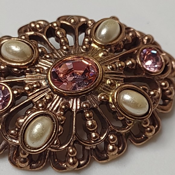 Vintage Gold Tone With Pink Stones Oval Shaped Brooch - Picture 5 of 16